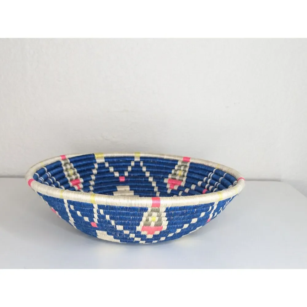NWOT Rwandan Woven Basket Bowl Handcrafted Blue White Sisal Sweetgrass Hanger
